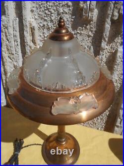 Lampe A Poser Moderniste Epoque 1930/40, Metal Cuivre Et Verre Moule