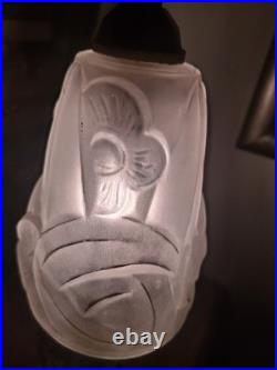 Lampe Art Deco Bronze Argenté + Pate Verre Pressé Degue. Lamp French