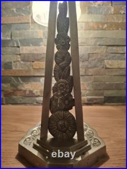 Lampe Art Deco Bronze Argenté + Pate Verre Pressé Degue. Lamp French