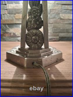 Lampe Art Deco Bronze Argenté + Pate Verre Pressé Degue. Lamp French