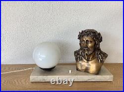 Lampe Art Deco Christ Bronze Signé L. Artaud Opaline Et Marbre