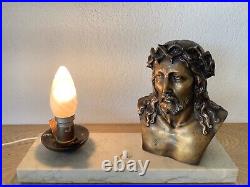 Lampe Art Deco Christ Bronze Signé L. Artaud Opaline Et Marbre
