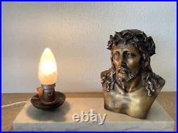 Lampe Art Deco Christ Bronze Signé L. Artaud Opaline Et Marbre