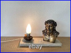 Lampe Art Deco Christ Bronze Signé L. Artaud Opaline Et Marbre