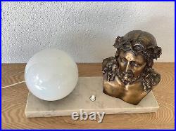 Lampe Art Deco Christ Bronze Signé L. Artaud Opaline Et Marbre