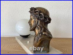 Lampe Art Deco Christ Bronze Signé L. Artaud Opaline Et Marbre