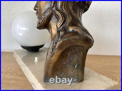 Lampe Art Deco Christ Bronze Signé L. Artaud Opaline Et Marbre
