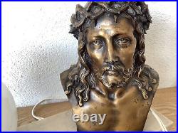 Lampe Art Deco Christ Bronze Signé L. Artaud Opaline Et Marbre