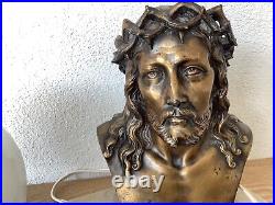 Lampe Art Deco Christ Bronze Signé L. Artaud Opaline Et Marbre