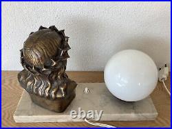 Lampe Art Deco Christ Bronze Signé L. Artaud Opaline Et Marbre
