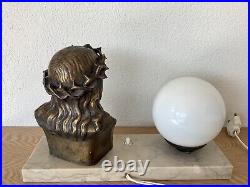 Lampe Art Deco Christ Bronze Signé L. Artaud Opaline Et Marbre
