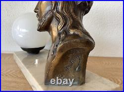 Lampe Art Deco Christ Bronze Signé L. Artaud Opaline Et Marbre