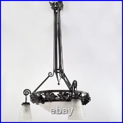 Lampe Art Déco Muller Frères Lunéville Suspension en Fer Forgé Noire, 1930