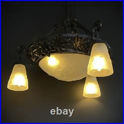 Lampe Art Déco Muller Frères Lunéville Suspension en Fer Forgé Noire, 1930