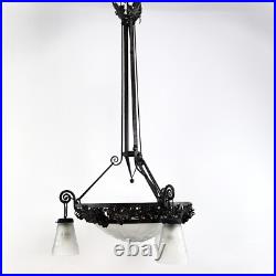Lampe Art Déco Muller Frères Lunéville Suspension en Fer Forgé Noire, 1930