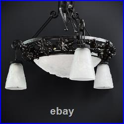 Lampe Art Déco Muller Frères Lunéville Suspension en Fer Forgé Noire, 1930