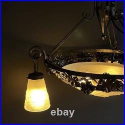 Lampe Art Déco Muller Frères Lunéville Suspension en Fer Forgé Noire, 1930