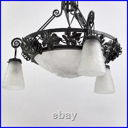 Lampe Art Déco Muller Frères Lunéville Suspension en Fer Forgé Noire, 1930