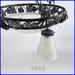 Lampe Art Déco Muller Frères Lunéville Suspension en Fer Forgé Noire, 1930