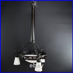 Lampe Art Déco Muller Frères Lunéville Suspension en Fer Forgé Noire, 1930