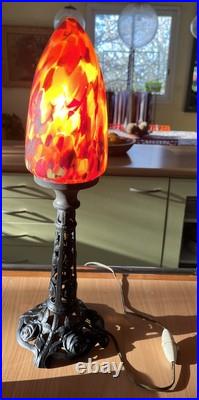 Lampe De Bureau Fer Forgé Pte De Verre Obus Tulipe Art Déco