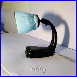 Lampe De Table En Bakélite Marron Et Verre Turquoise D'Époque Art Déco Années 30