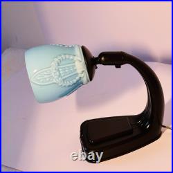 Lampe De Table En Bakélite Marron Et Verre Turquoise D'Époque Art Déco Années 30