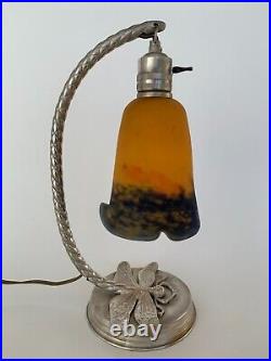 Lampe En Bronze Argente Art Deco Par Degue Ferronnerie Martelee 1930 E743