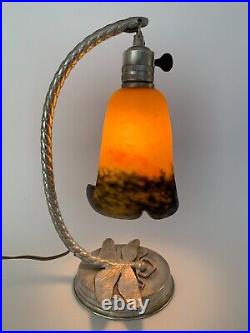 Lampe En Bronze Argente Art Deco Par Degue Ferronnerie Martelee 1930 E743