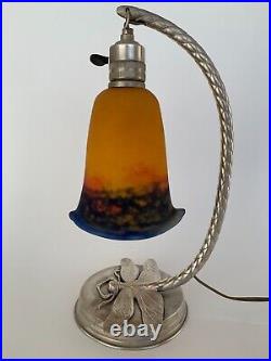 Lampe En Bronze Argente Art Deco Par Degue Ferronnerie Martelee 1930 E743