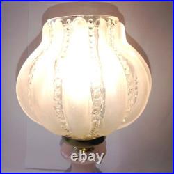 Lampe Globe Tulipe Cristal soufflé Givré Rand de Perle sur Pied en Albâtre Rose