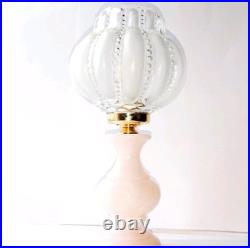 Lampe Globe Tulipe Cristal soufflé Givré Rand de Perle sur Pied en Albâtre Rose