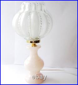 Lampe Globe Tulipe Cristal soufflé Givré Rand de Perle sur Pied en Albâtre Rose