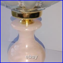 Lampe Globe Tulipe Cristal soufflé Givré Rand de Perle sur Pied en Albâtre Rose