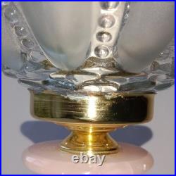 Lampe Globe Tulipe Cristal soufflé Givré Rand de Perle sur Pied en Albâtre Rose