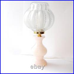 Lampe Globe Tulipe Cristal soufflé Givré Rand de Perle sur Pied en Albâtre Rose