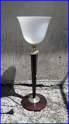 Lampe MAZDA art deco bois, métal, opaline blanche année 60