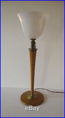 Lampe MAZDA art déco laiton et bois peint avec Tulipe opaline hauteur 78 cm