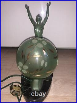 Lampe Sculpture Art Deco Ancien 1930 Régule Bleu Emeraude Antique Femme Nue