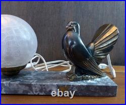 Lampe Veilleuse ART DÉCO 1930 Colombe en Régule & Globe Verre Craquelé