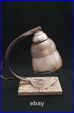 Lampe Veilleuse Art Deco Abat Jour Bombe Gris Et Blanc -support Marbre