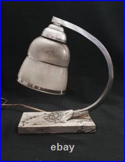 Lampe Veilleuse Art Deco Abat Jour Bombe Gris Et Blanc -support Marbre