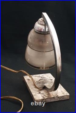 Lampe Veilleuse Art Deco Abat Jour Bombe Gris Et Blanc -support Marbre