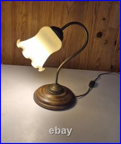 Lampe à poser tulipe col de cygne en laiton et opaline vintage art deco