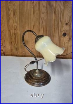 Lampe à poser tulipe col de cygne en laiton et opaline vintage art deco