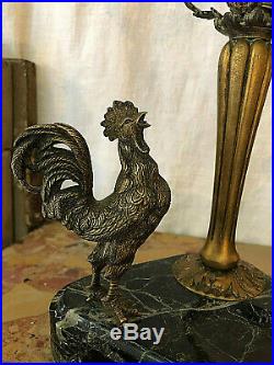 Lampe ancienne en bronze et marbre avec un coq, lamp with un cock