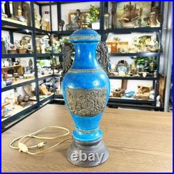 Lampe art déco Céramique Turquoise 1920 Floral bleu