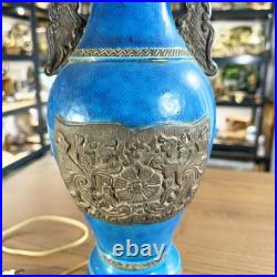 Lampe art déco Céramique Turquoise 1920 Floral bleu
