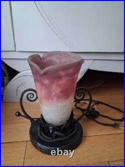 Lampe art deco fer forgé MULLER FRERES LUNEVILLE Tulipe en verre marmoréen