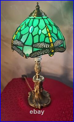 Lampe bronze art nouveau ancienne, style rocaille 44x22 abat jour verre s